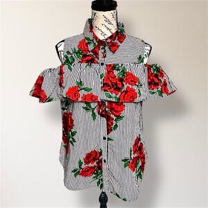 Blush XL Red‎ Floral Stripe Cotton Cold Shoulder Ruffle Button Front Blouse Boho